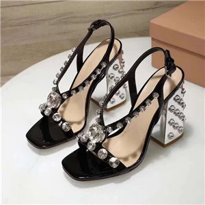 2025 Chic Rhinestone High Heel Sandals Women Jeweled Chunky Heel Diamond Strappy Summer Sandalias Mujer Gold Party Shoes Woman