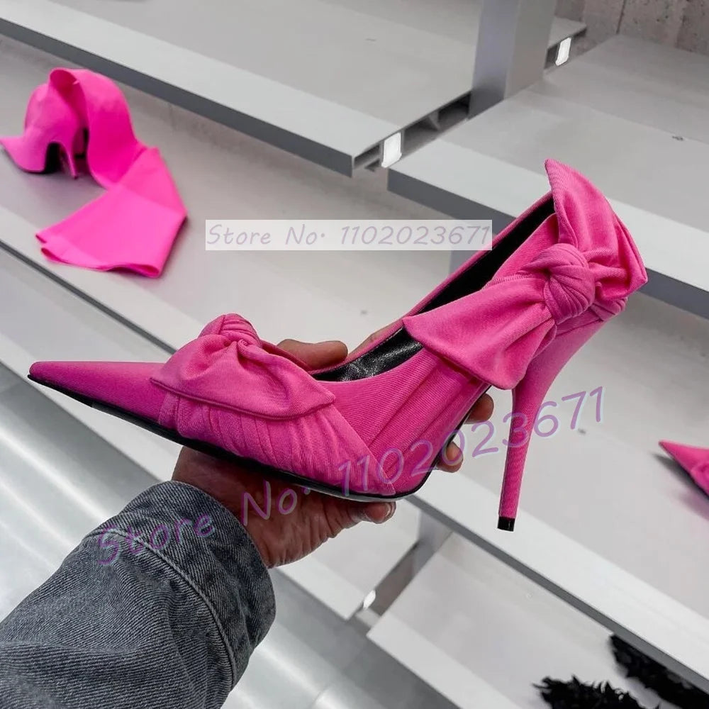 Knife Knot Pointed Toe Pumps Women Elegant Trendy Stiletto High Heels Rose Red Party Shoes Ladies Casual Chic Pleated Pumps