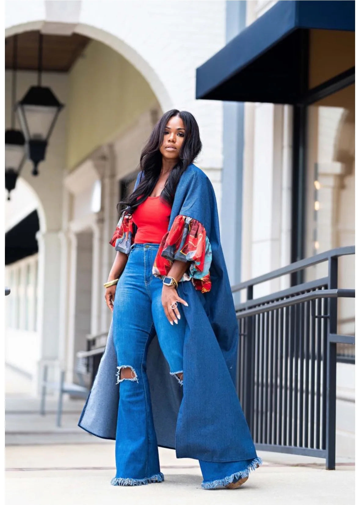 Europe Fashion Demin Blue Open Front Cardigans African Women Streetwear Ruffle Sleeve Duster Coat Muslim Outlets Long Duster