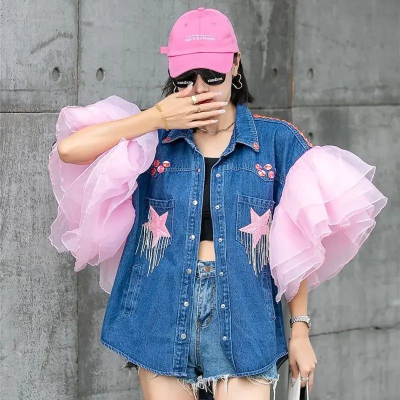 Mesh Splice 3D Ruffles Flowers Sleeve Denim Coat Stars Sequined Fringed Embroidery Jeans Bomber Jacket Tassels Gauze Cardigan