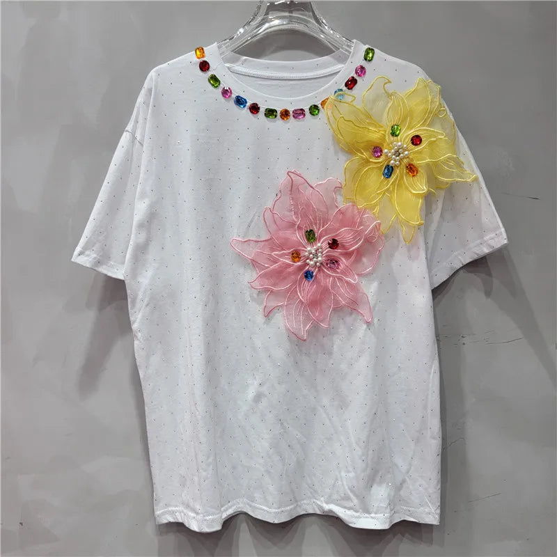 Women Hot Drilling Diamonds Beaded 3D Mesh Flowers Splicing T-shirts Rhinestones Sequined Tees Short Sleeved Jumpers Crop Tops