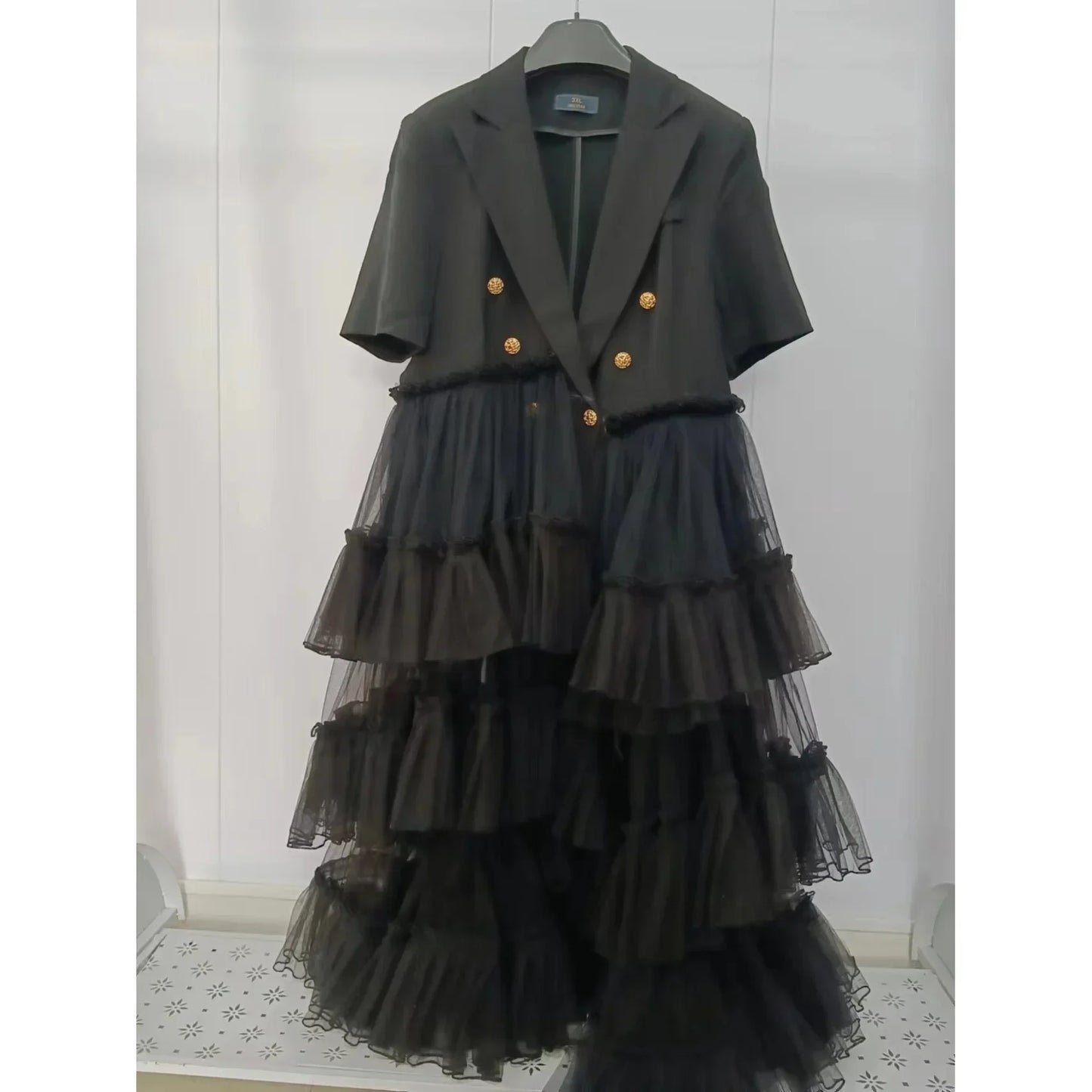 Chic Mesh Splice Ruffles Suits Dress Gauze Patchwork Multi-layers Lotus Skirt Double Breasted Blazer Coat Cardigan Tops Vestidos