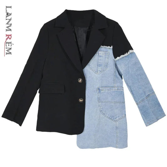 Spring 2025 Loose Blazer Stitching Denim Coat Irregular Single Breasted Color Block Jacket Female Fashion Coats 2A04505