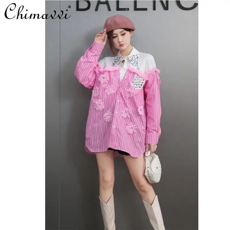 French Fashion Shirt Spring and Autumn New Heavy Long-sleeved Splicing 3D Flower Loose Slim-fit Top High Street Blouse Women