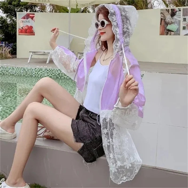 Design Contrast Hooded Thin Coat Sun Protection Clothing 2024 Summer New Women's Embroidered Mesh Cardigan Top Female