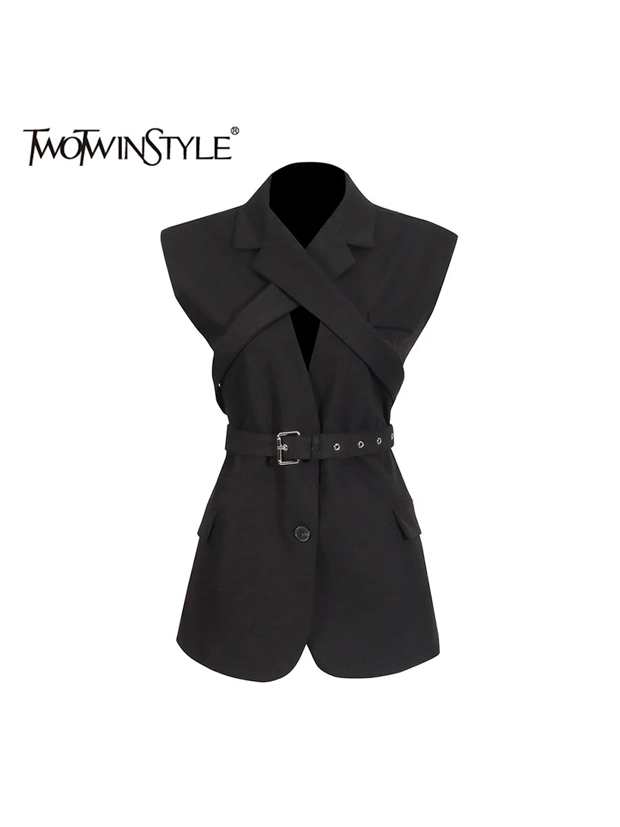 Black Sleeveless Blazer with Cross-Front Detail & Belt