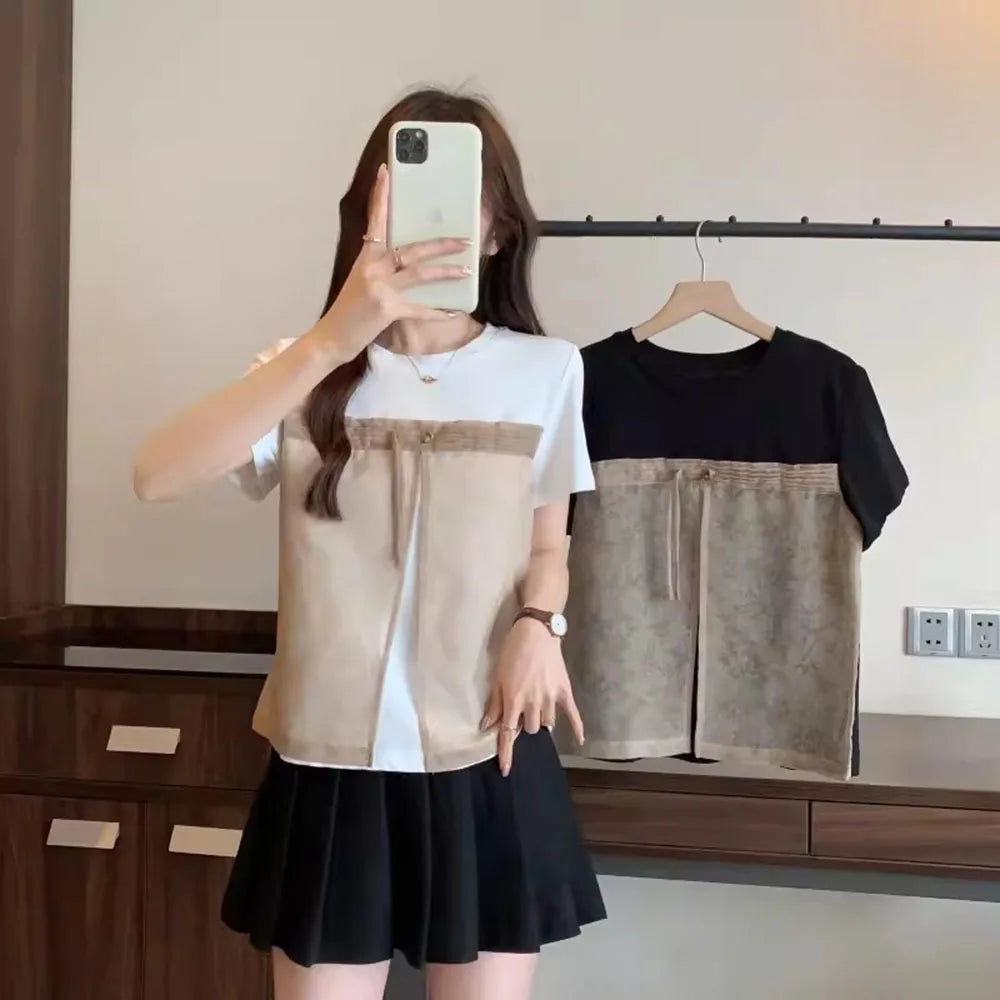 Large Women's White Tops Summer New Chinese Style Pan Button Tees Fashion Mesh Spliced Round Neck T-shirt Female Trend M-4XL