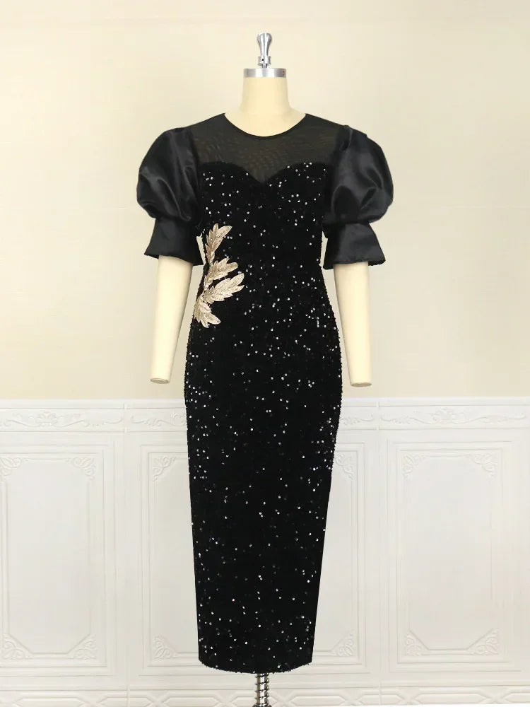 Women Plus Size Dress Sequin Black Embroidery Chest Wrapped Puff Sleeve Sparkly Dress Cocktail Wedding Guest Classy Party Dress