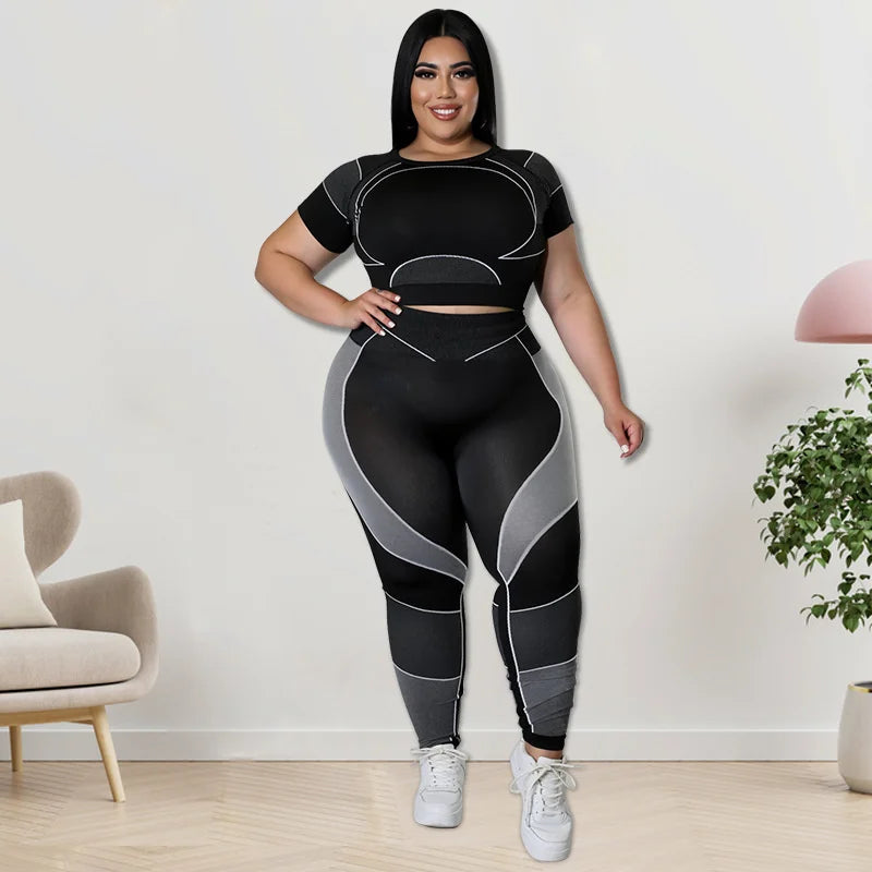 Plus Size Sets Women's Clothes Tracksuit Short Top and Pant Two Piece Sets Gym Joggers New Sports Outfits High Elastic Yoga Set