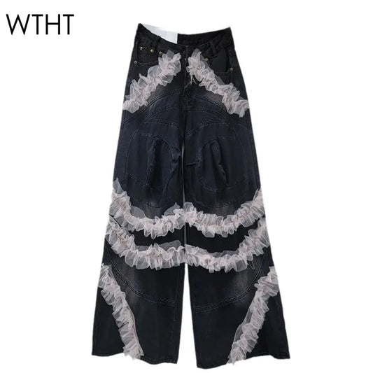 WTHT Vintage Fashion Women's Spliced Mesh Edge Wide Leg Jeans 2024 Winter High Waist Loose Denim Pants Female 1LS430