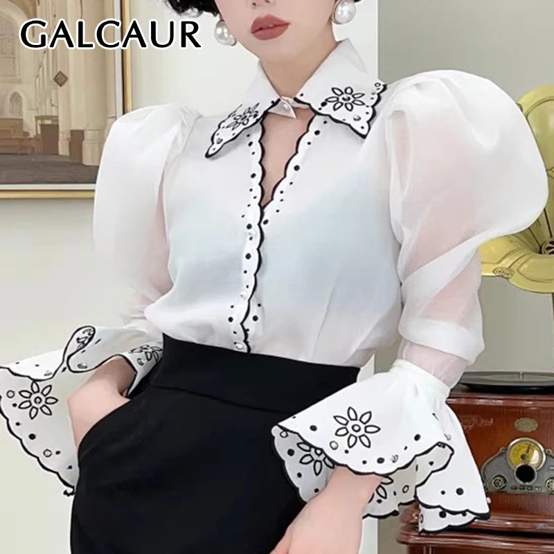 GALCAUR Mesh Patchwork Diamond Women's Slim Evening Shirt Lapel Hollow Out Design Long Sleeve Spliced Ruffles Blouse Female New