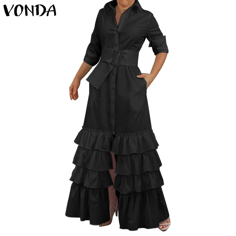 VONDA Autumn Elegant Shirt Dress 2023 Women Party Maxi Dresses Ladies Long Sleeve Solid Lapel Button Belted Elegant Long Vestido