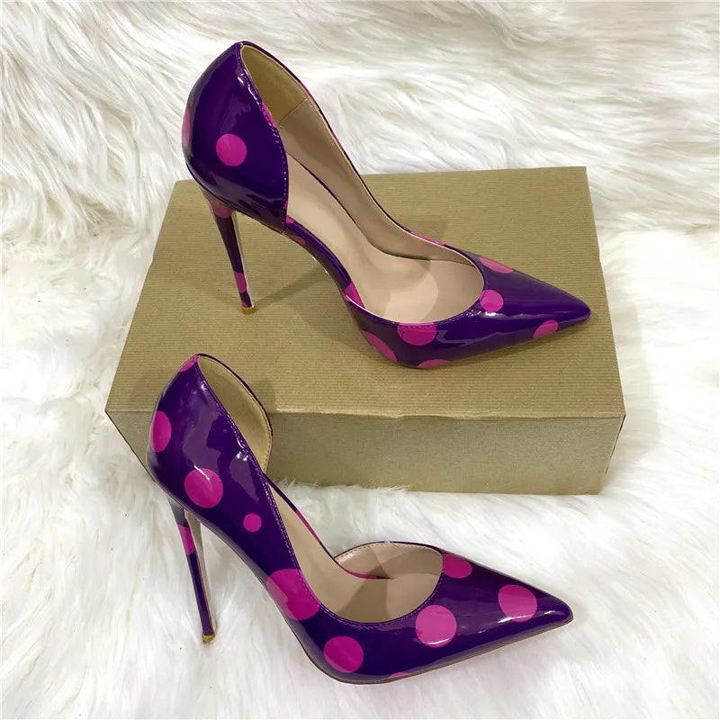 Keshangjia Rose Polka Dot Women Patent Leather Pointy Toe Stiletto High Heels Chic OL Ladies Slip On Pumps Printed Party Shoes