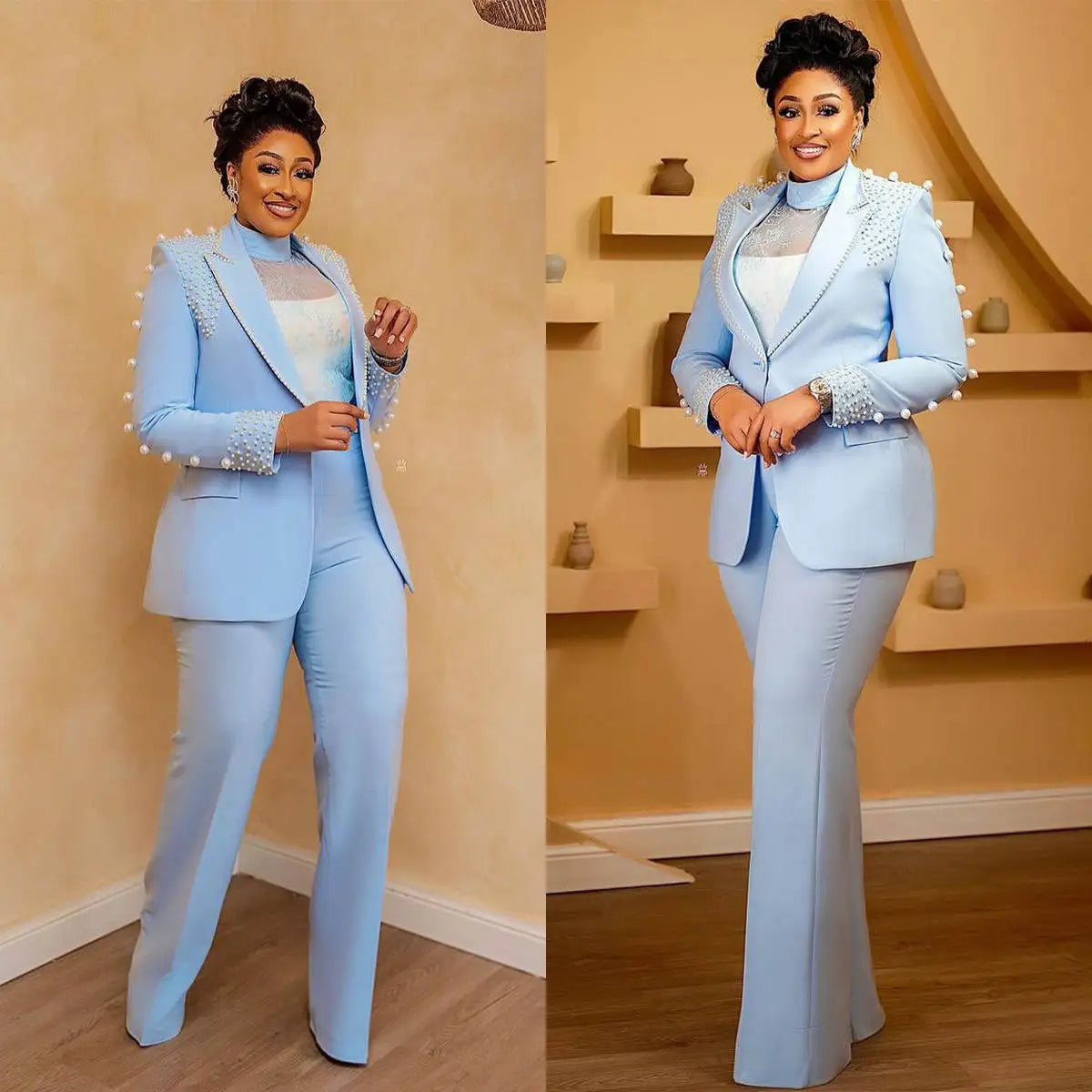 Sky Blue Women Pants Suit Plus Size Pearls Beading Lady Prom Evening Party  Blazer Sets Jacket Coat Custom Size 2 Pieces