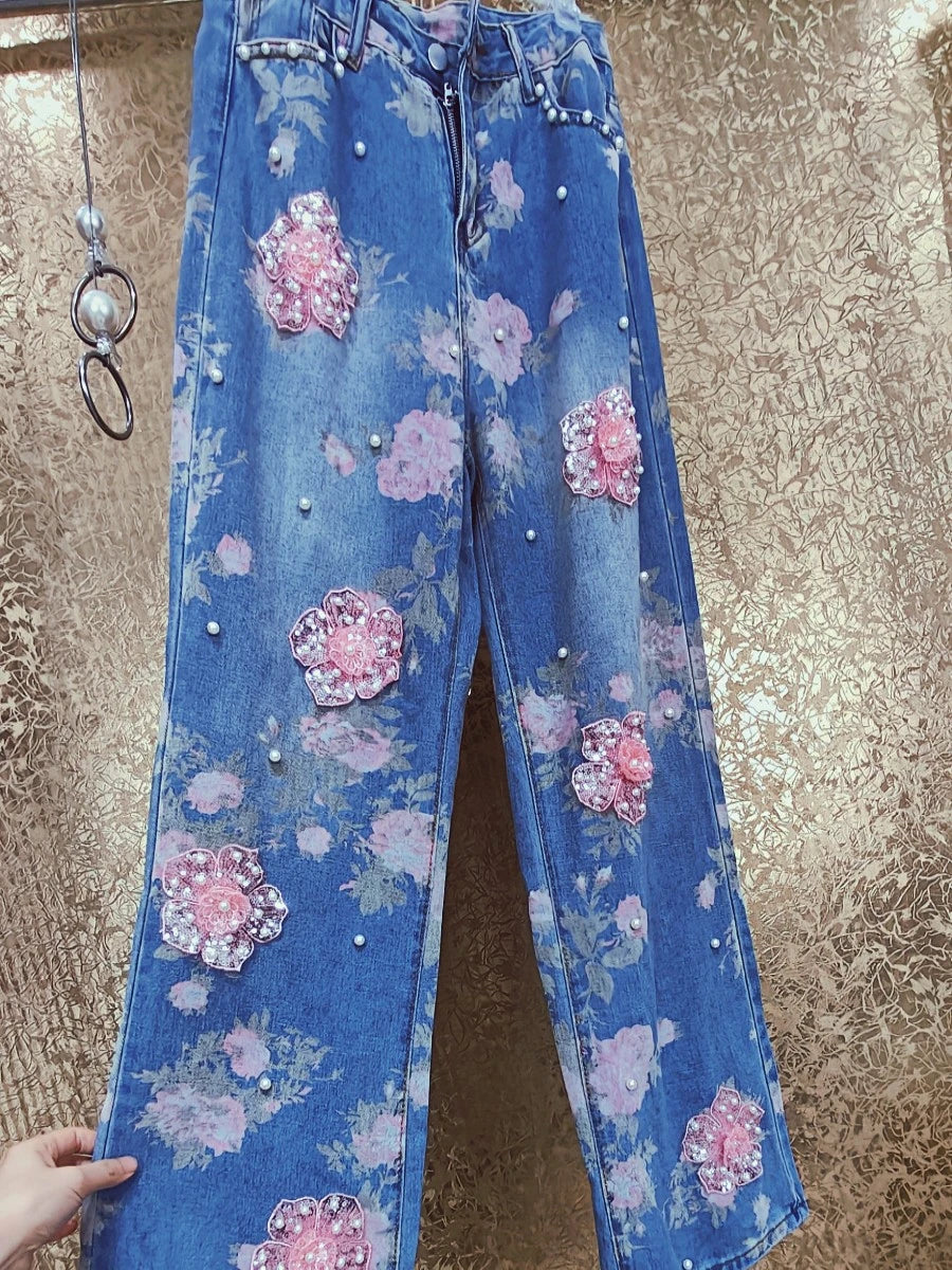 Luxury Handmade Beaded Pearls Beaded Sequins 3D Floral Embroidery Full Body Pink Flowers Denim Pants Wide Legs Jeans Trousers