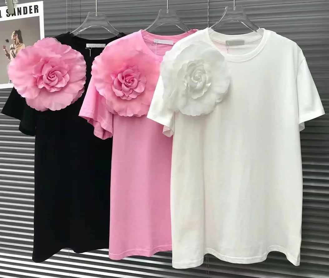 2024 Summer New In Cotton Tshirt Fashion Chic 3D Flower Short Sleeved T-shirt Women's Casual Tee Tops