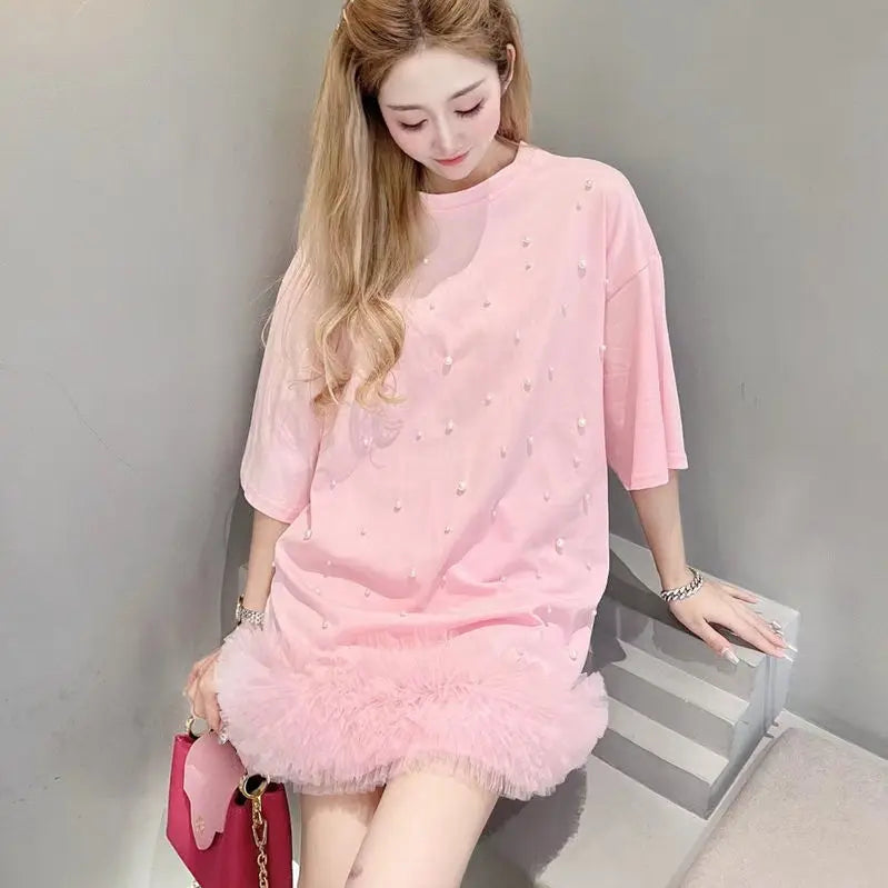 Mesh Spliced Ruffles Pearls Beaded T-Shirt Dress Loose Medium Length Yellow Gauze Pleated Tees Net Yarn Jumpers Tops Vestidos