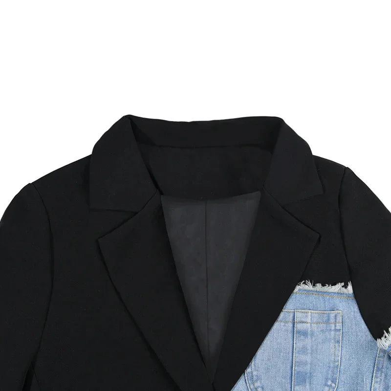 Spring 2025 Loose Blazer Stitching Denim Coat Irregular Single Breasted Color Block Jacket Female Fashion Coats 2A04505