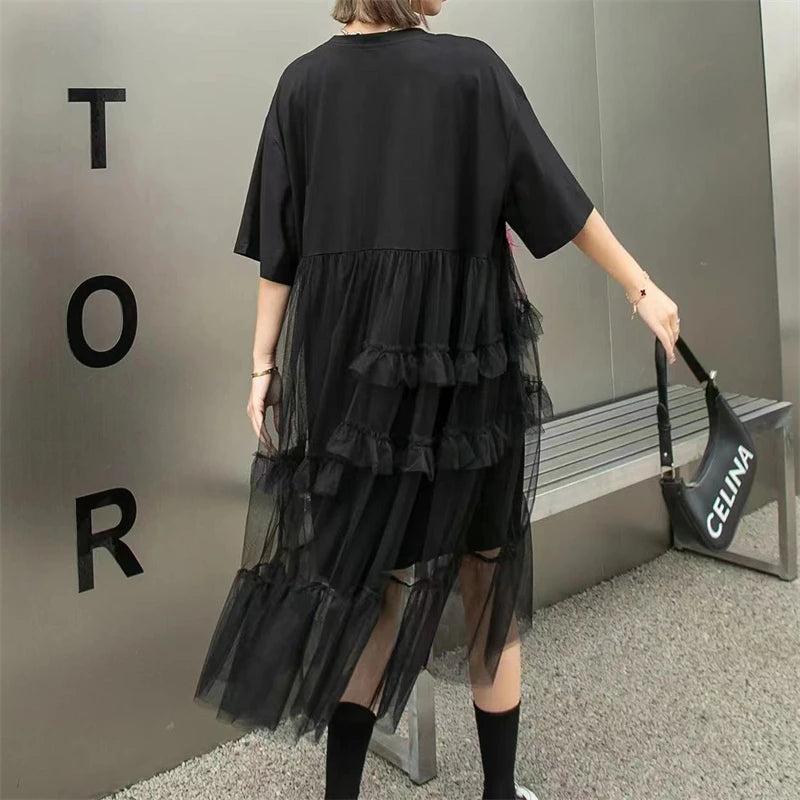 Thailand Fashion Brand Women's Summer New Dress Heavy Industry Sequins Splicing Mesh Loose Medium length T-Shirt Dress