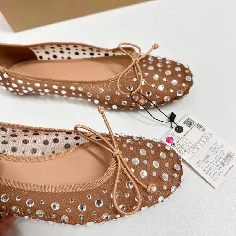 Luxury Rhinestones Women Shoes 2025 Spring Shallow Breathable Mesh Round Toe Bling Bowtie Elegant Ballet Flats for Female