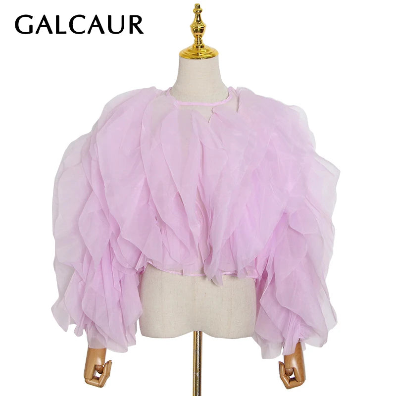 GALCAUR Chiffon Blouses Women O Neck Lantern Long Sleeve Lace Up Bowknot Patchwork Ruffles Mesh Shirt Female 2024 Spring Clothes