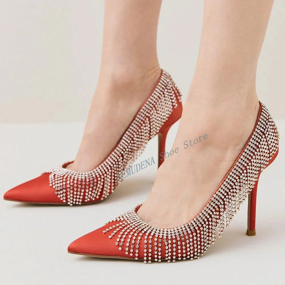 Fuchsia Tassel Pointed Toe Stiletto Heel Pumps Rhinestone Shallow Slip On Fashion 2024 Spring Women Dress Pumps Thin Heel