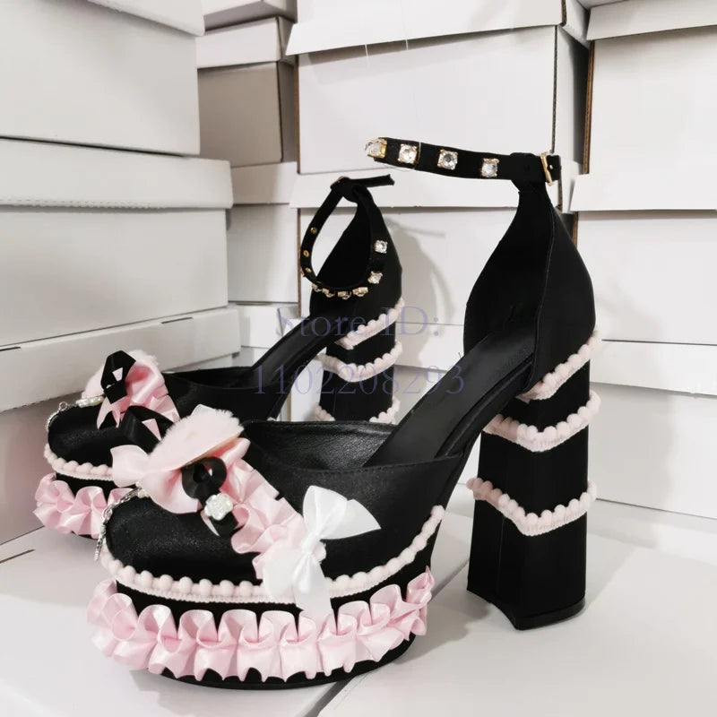 Sweet Pink Ruffles Chunky Heel Sandals Round Toe Platform Heart Crystal Ankle Buckle Strap Pumps Women Lolita Dress Shoes 2024