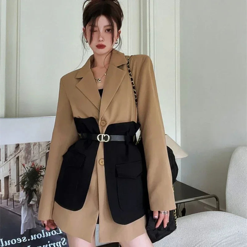 2025 Blazer Women Fashion New Loose Spliced Pocket Korean Single Breasted Blazer Mujer Female with Belt