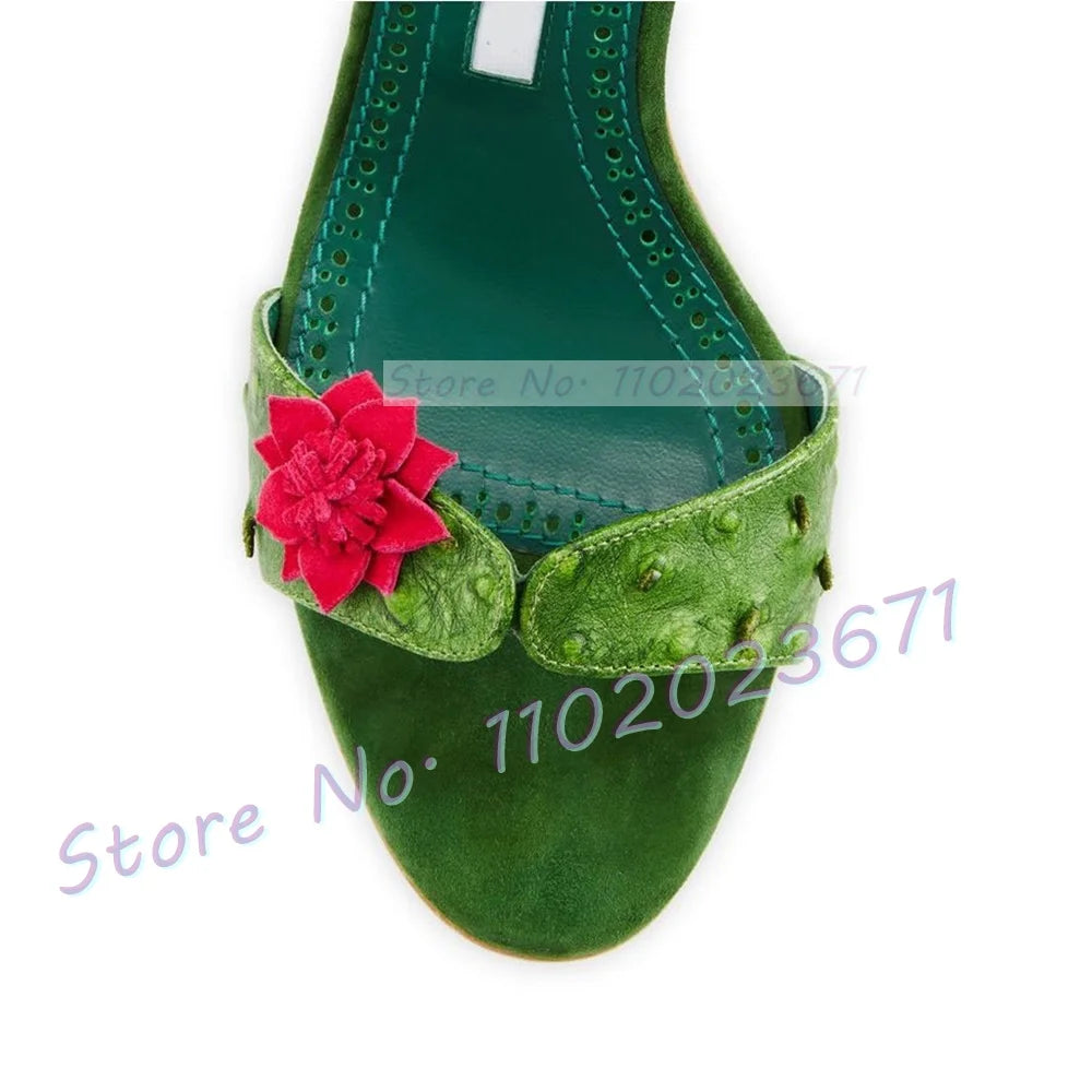 Red Flowers Lace-up Green Sandals Women Colorful Wine Glass Heels Luxury Sandals Forest Series Summer Chic Party Open Toe Shoes