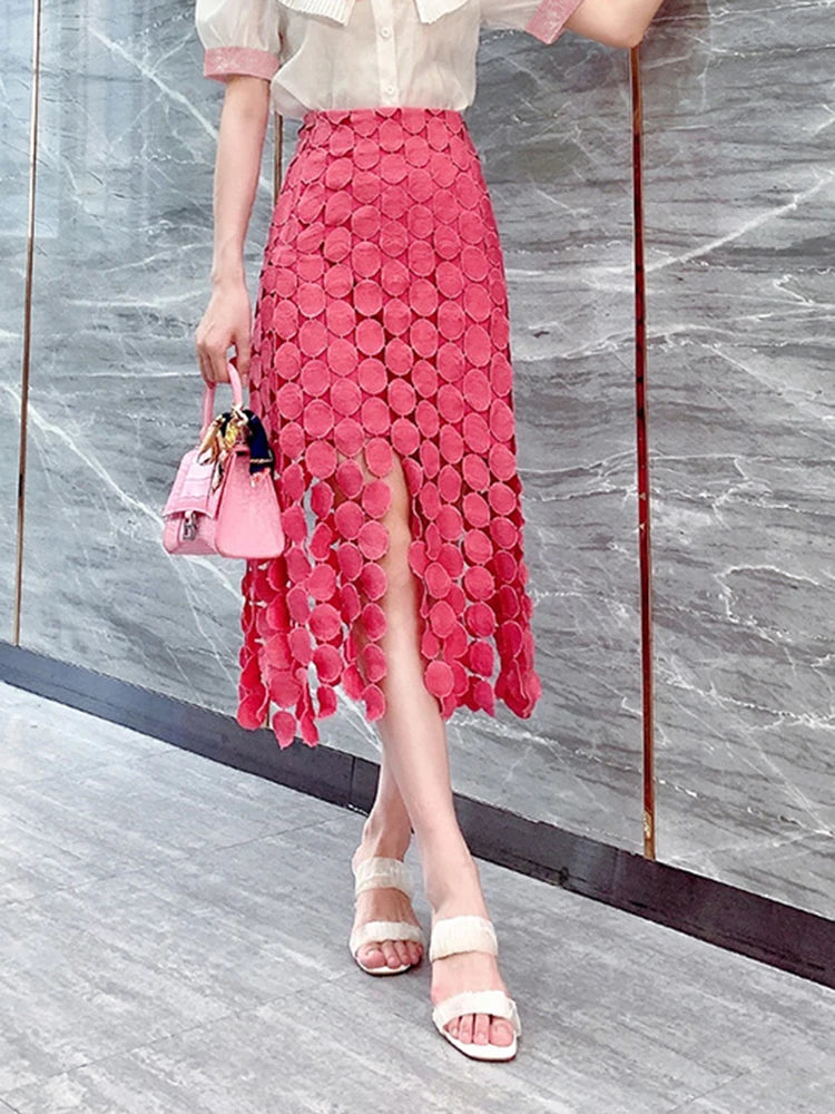 GALCAUR Elegant Dot Patchwork Tassel Skirt For Women High Waist Solid Midi Skirts Female Fashion New Clothing 2023 Clothing