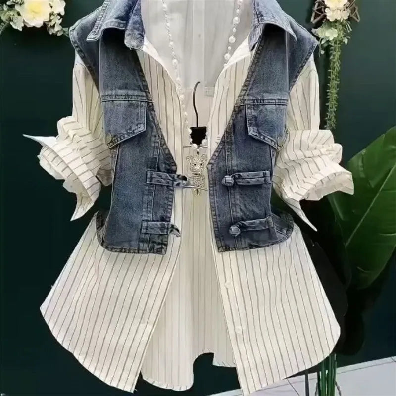 Chic Layered Denim Vest & White Blouse Set – Trendy Contrast Look