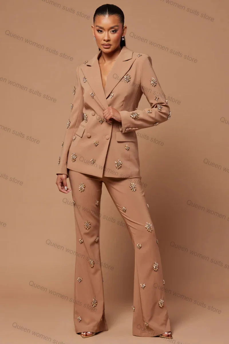 Crystals Khaki Formal Women Suit Set 2 Piece Blazer+Pants Office Business Lady Jacket Coat Customized Prom Wedding Tuxedo Outfit