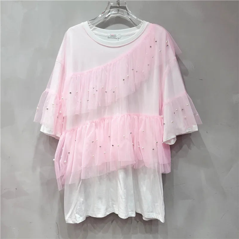 Women Diamonds Beaded Splicing Mesh Ruffles Fake Two Piece T-shirts Gauze Patchwork Pleated Pearls Beaded Tees Jumper Crop Tops