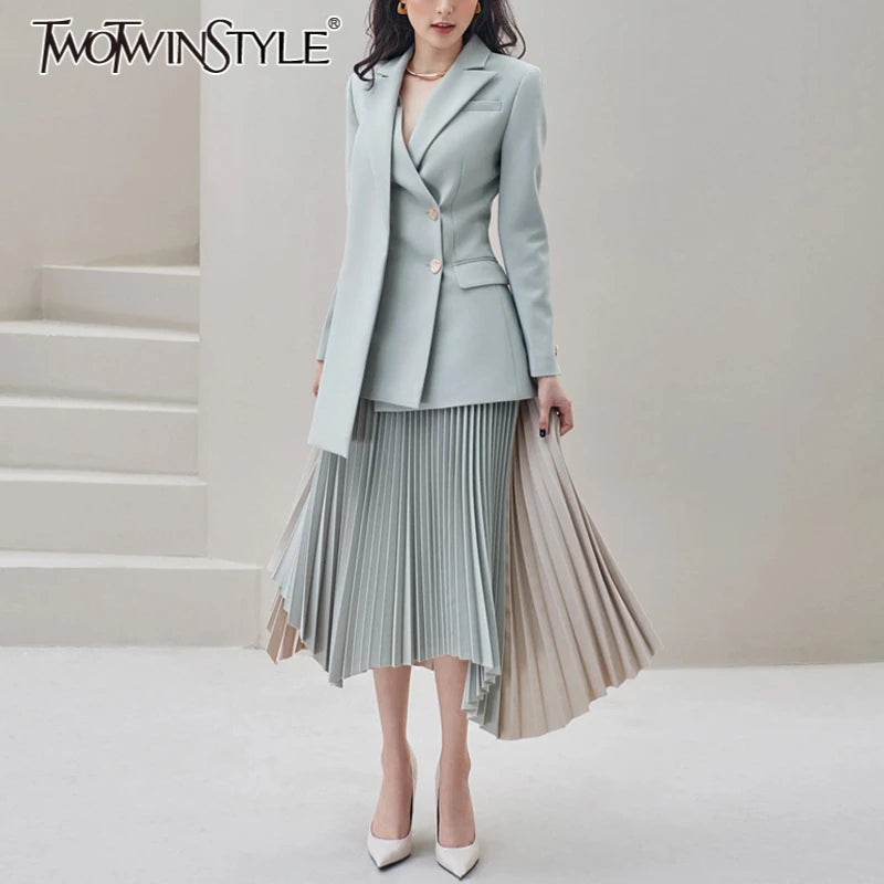 TWOTWINSTYLE Two Piece Set for Women Lapel Long Sleeves Spliced Single Breasted Blazer High Waist Patchwork Folds Skirt Female