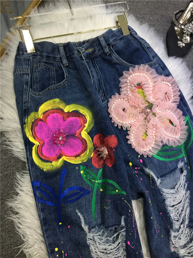 Mesh 3d Patch Flowers Beading Embroidery Streetwear Women Jeans 2023 New Summer Elastic Waist Straight Hole Denim Beggar Pants