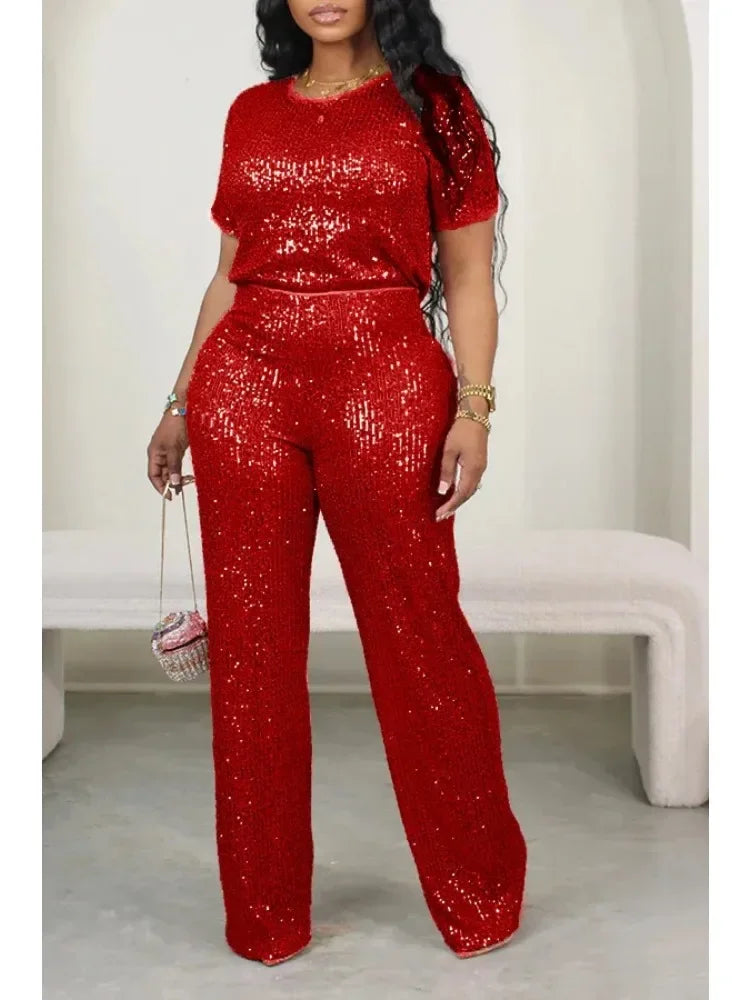 Casual Sequin Two Piece Set for Women Solid Short Sleeve T-shirt Wide Leg Pants Spring Summer Outfits Women 2 Piece Set 2025