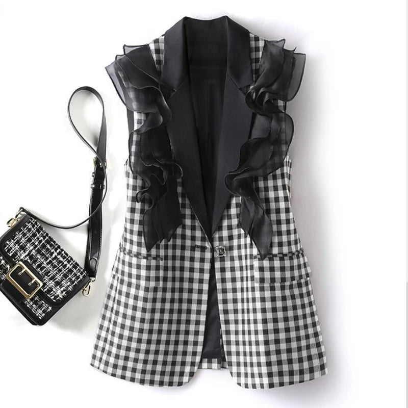 Spring Women Mesh Spliced Ruffles Checkered Waistcoat OL Palids Suit Vest Contrast Collar Sleeveless Cardigan Cardigan Tank Tops