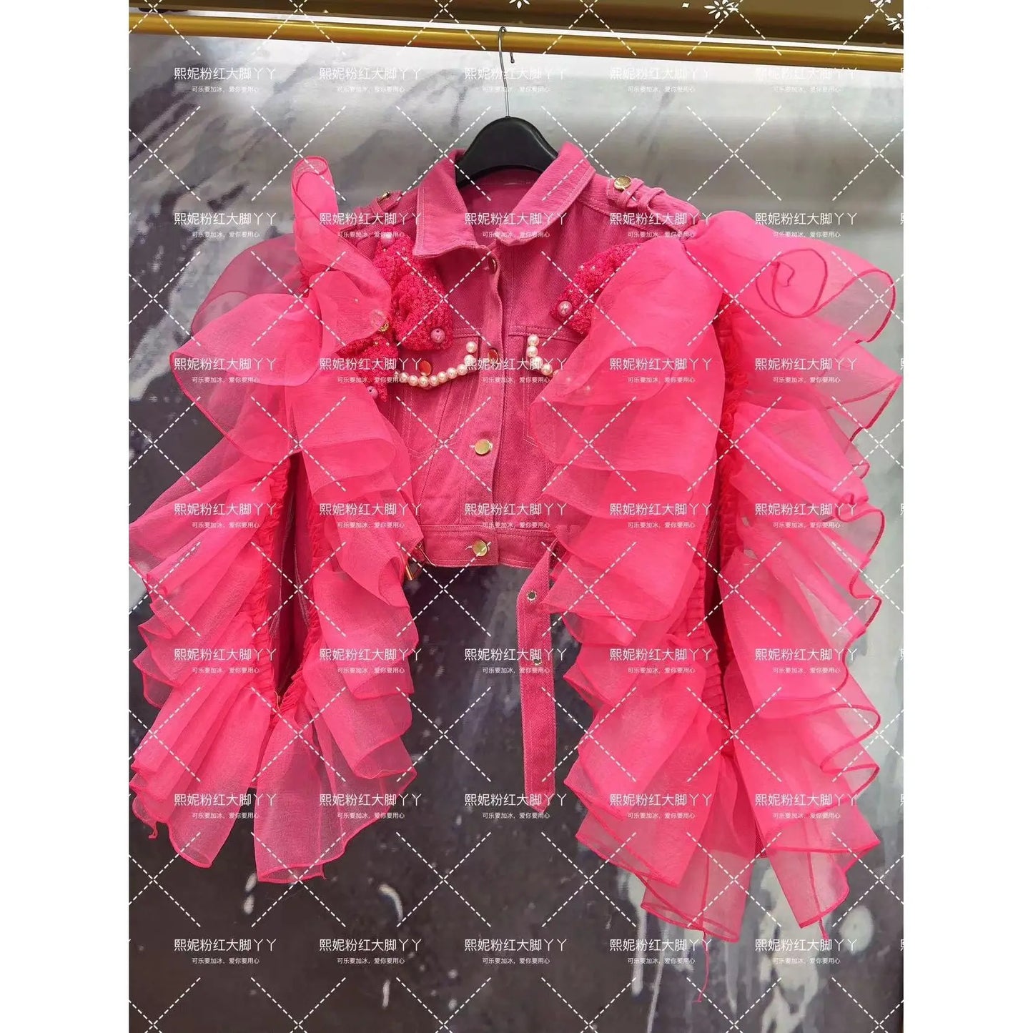 Chic Pearls Diamonds Beaded Denim Coat Mesh Splice Ruffles Sleeve Jeans Bomber Jacket 3D Bowtie Decor Gauze Ruched Cardigan Tops