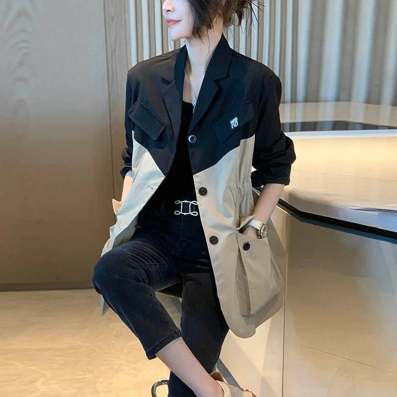 Fashion Splice Women's Suit Coat 2024 Spring Autumn The Waist Outerwear Female Casual Pocket Long Sleeve Blazers Jacket