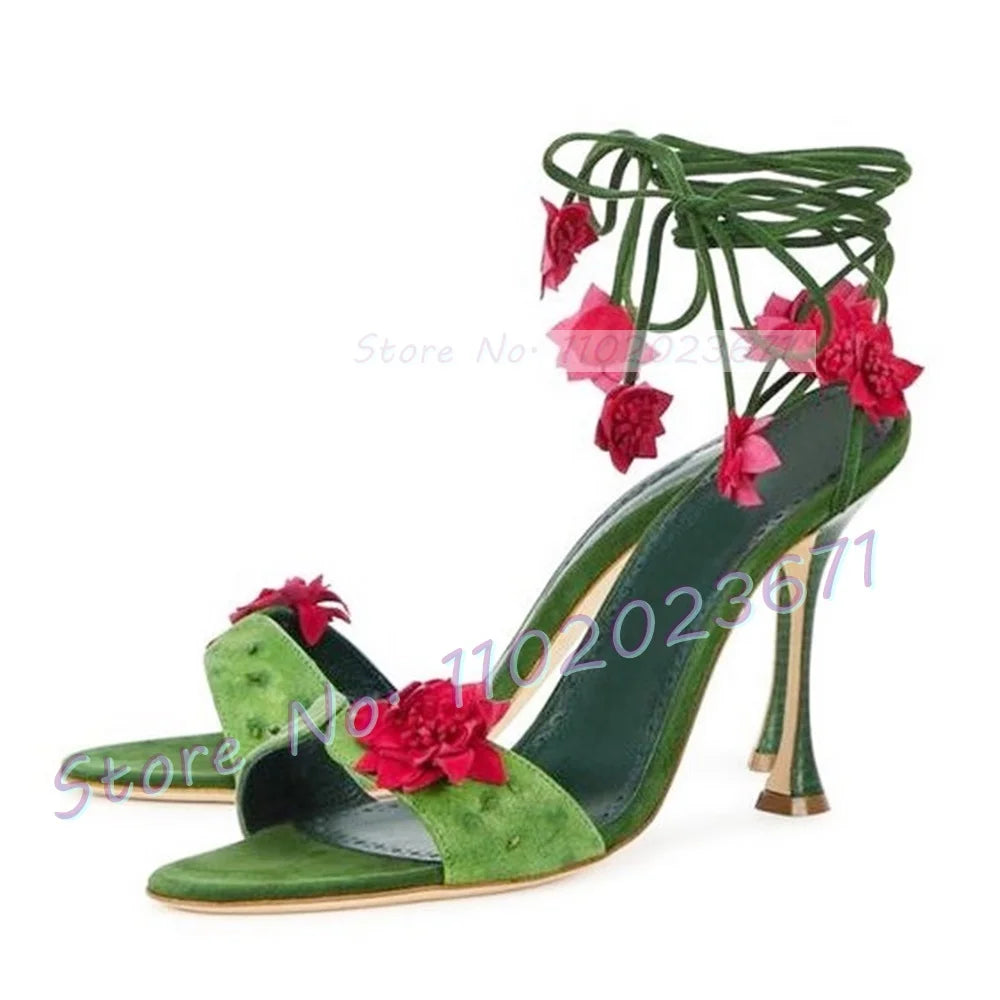 Red Flowers Lace-up Green Sandals Women Colorful Wine Glass Heels Luxury Sandals Forest Series Summer Chic Party Open Toe Shoes