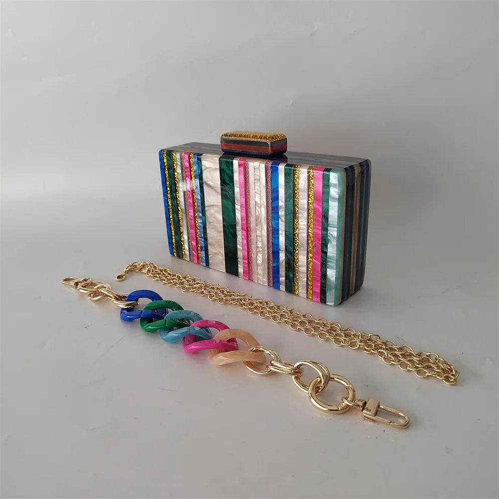 Mini Summer Messenger Bag Colorful Mix Striped Acrylic Box Evening Lady Patchwork Clutch Purse Wedding Party Prom Dress Handbag