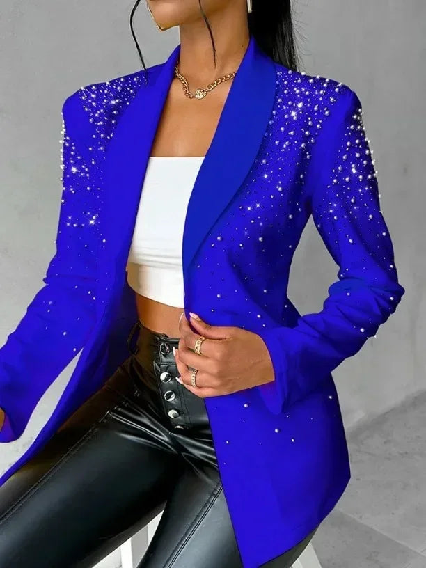 2025Women's Blazer Autumn Fashion Beaded Elegant Temperament Shawl Collar Plain Long Sleeve Work Blazer Coat Office Lady Blazers