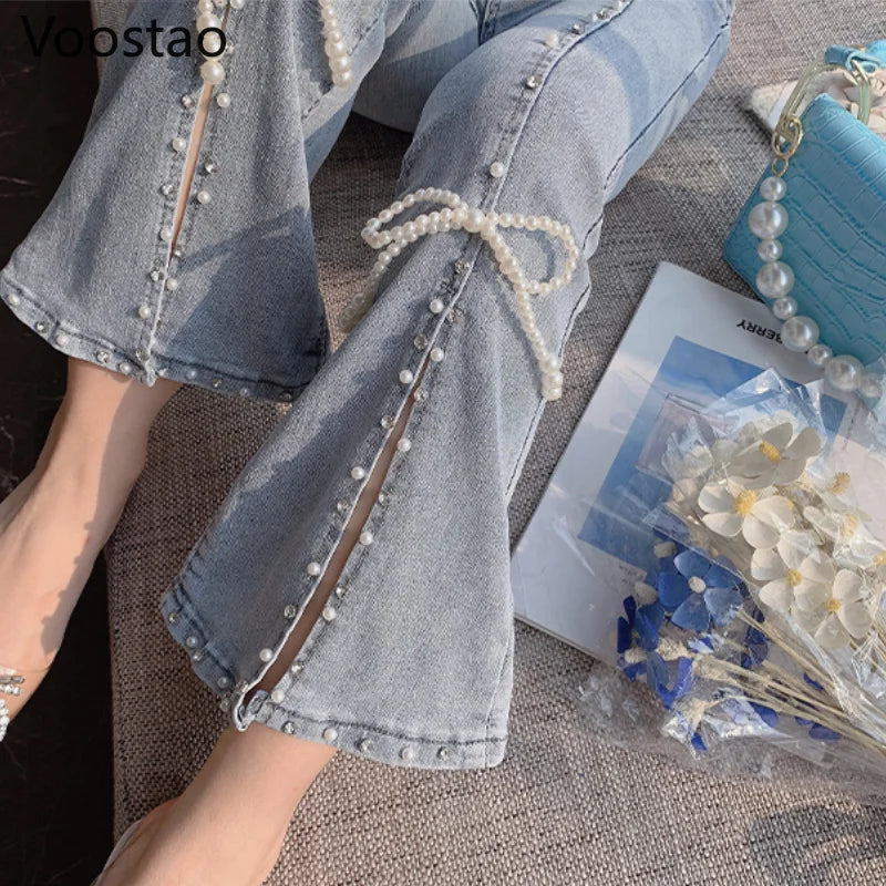 Spring Autumn Sweet High Waist Split Denim Pants Women Elegant Chic Beading Bowknot Boot Cut Pants Girls Vintage Fairy Jeans