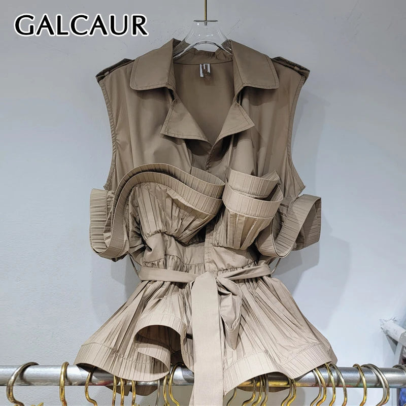 GALCAUR Solid Slimming Spliced Belt Blouse For Women Lapel Sleeveless Patchwork Ruffles Fold Fashion T Shirt Female Clothing New