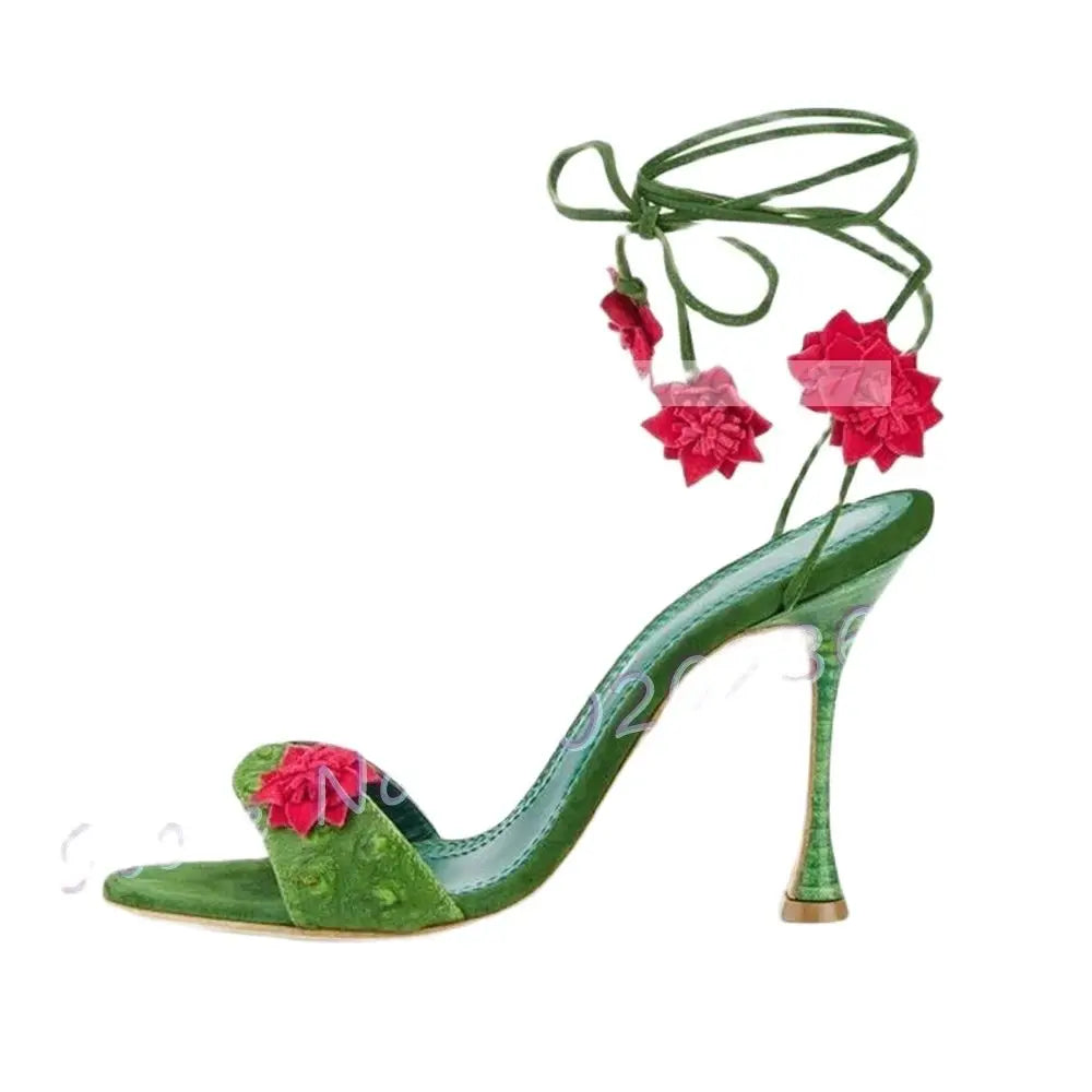 Red Flowers Lace-up Green Sandals Women Colorful Wine Glass Heels Luxury Sandals Forest Series Summer Chic Party Open Toe Shoes