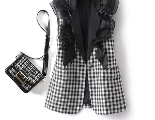 Spring Women Mesh Spliced Ruffles Checkered Waistcoat OL Palids Suit Vest Contrast Collar Sleeveless Cardigan Cardigan Tank Tops