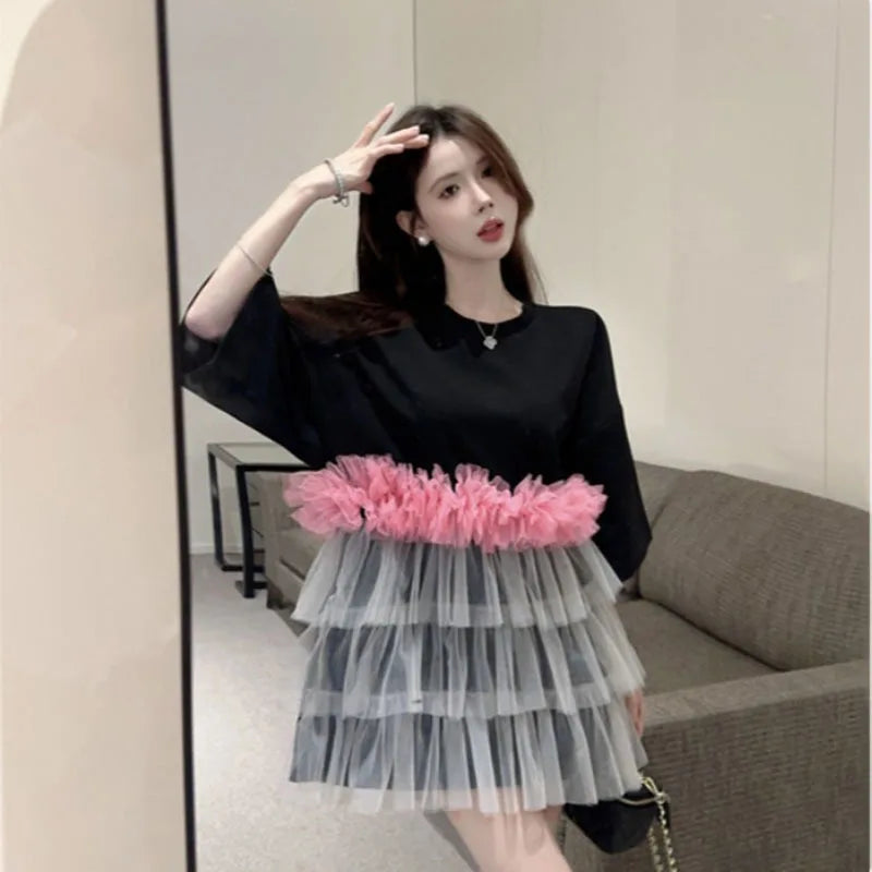 Spring Summer Women Mesh Spliced Ruffles T-shirts O-Neck Gauze Pleated Tees Mid Length Loose Contrast Color Jumpers Crop Tops