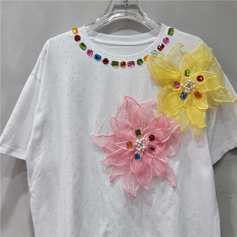 Women Hot Drilling Diamonds Beaded 3D Mesh Flowers Splicing T-shirts Rhinestones Sequined Tees Short Sleeved Jumpers Crop Tops