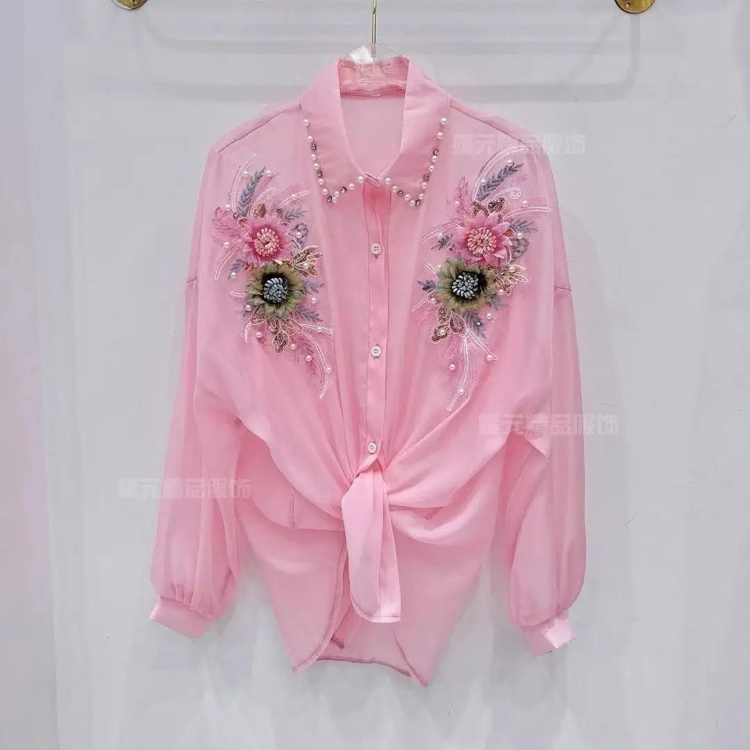 Heavy Industry 3D Flower Sun Protection Shirt Cardigan Women Heavy Industry Beads Diamond-Embedded Blouse Sweet Loose Top