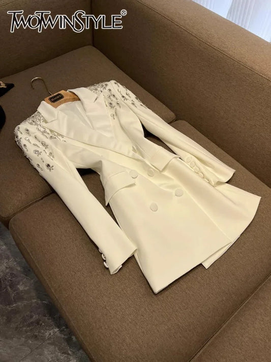 TWOTWINSTYLE Patchwork Diamonds Slim Blazers For Women Notched Collar Long Sleeve Spliced Button Luxury Coats Female YJA110551